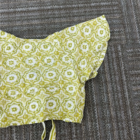 ANTHROPOLOGIE Pilcro | Flutter Sleeve Crop Top Green Motif Linen Blend - Picture 7 of 8